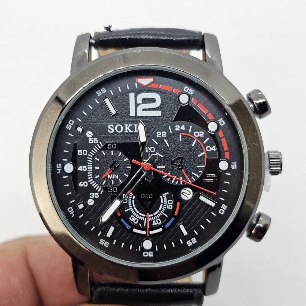2PC Men's Watch Bracelet Set 45MM Black Dial Date Black‎ Leather Bands Working